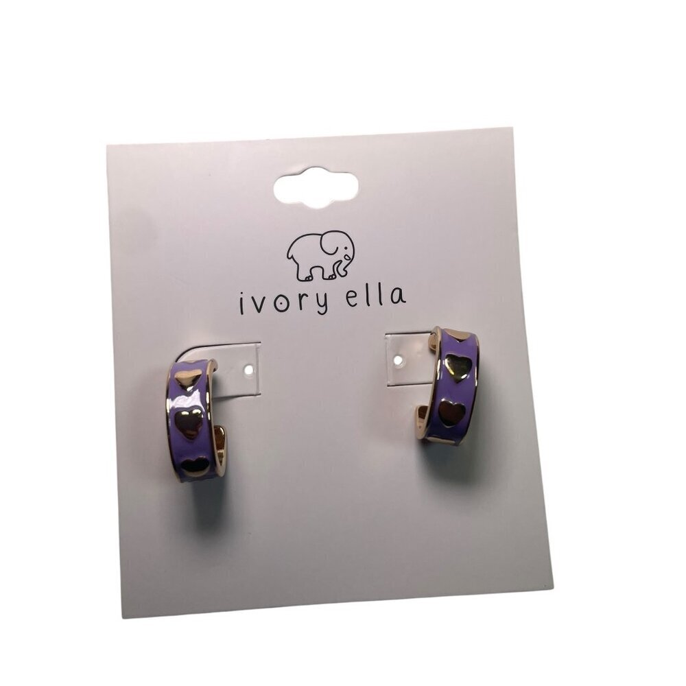 Ivory Ella Gold Huggie Hoop Earrings Purple Enamel with Gold Hearts NWT